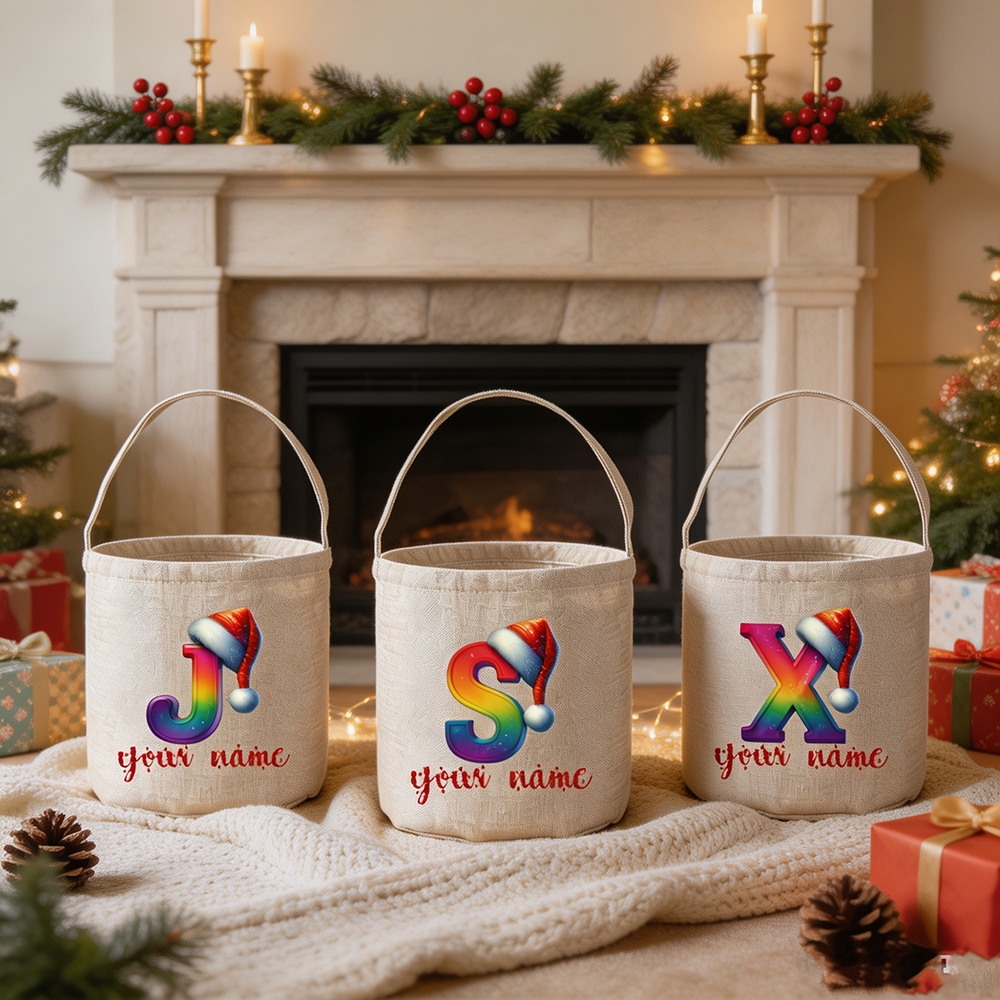 Rainbow Initial Santa Hat Basket, Personalized Christmas Tote Bag, Custom Name Monogram Holiday Sack, Festive Xmas Gift Basket for Family
