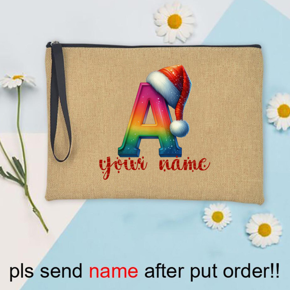 Rainbow Letter A Santa Hat Christmas Pouch, Personalized Name Zippered Wristlet Bag, Custom Monogram Holiday Gift, Tan Zip Pouch with Black Strap