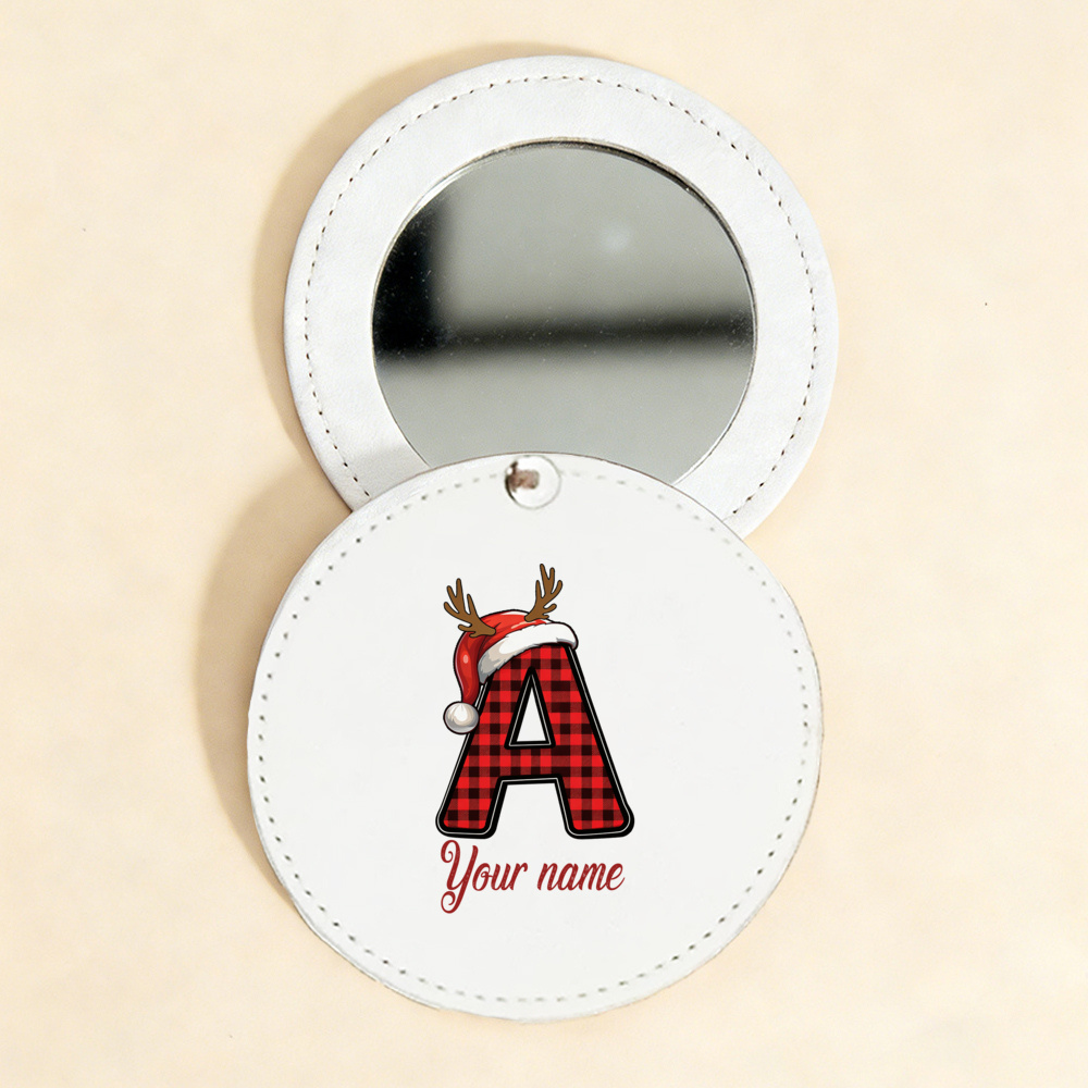Monogram A Christmas Plaid Mirror Cover, Santa Hat Reindeer Antlers Initial A, Custom Name Round Mirror, Holiday Stocking Stuffer