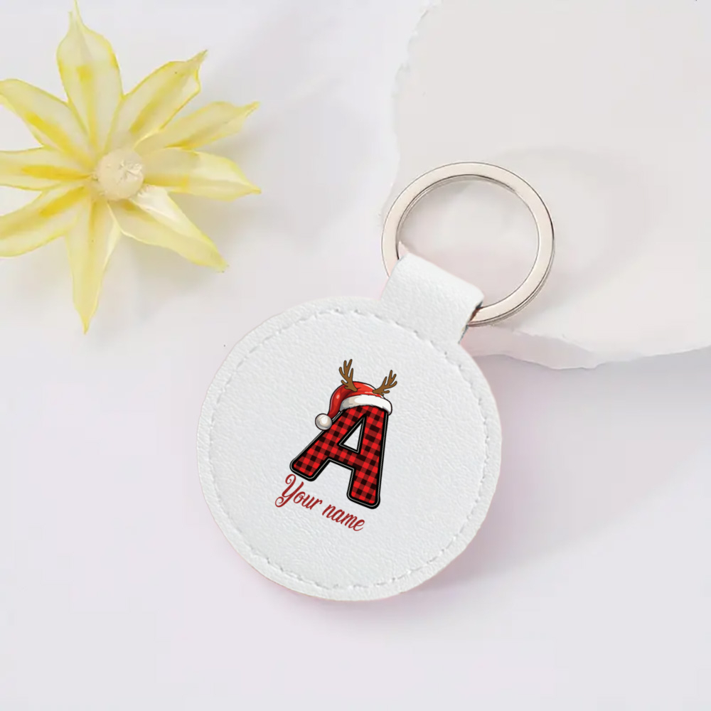 Monogram Letter A Christmas Keychain, Red Plaid Initial with Santa Hat and Reindeer Antlers, Personalized Name Tag Charm for Holiday Bags and Keys