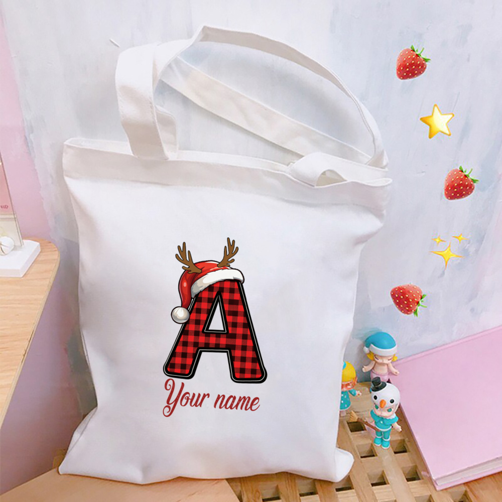 Monogram A Christmas Tote Bag, Plaid Letter A with Reindeer Antlers and Santa Hat, Holiday Initial Tote, Christmas Gift Bag for Her