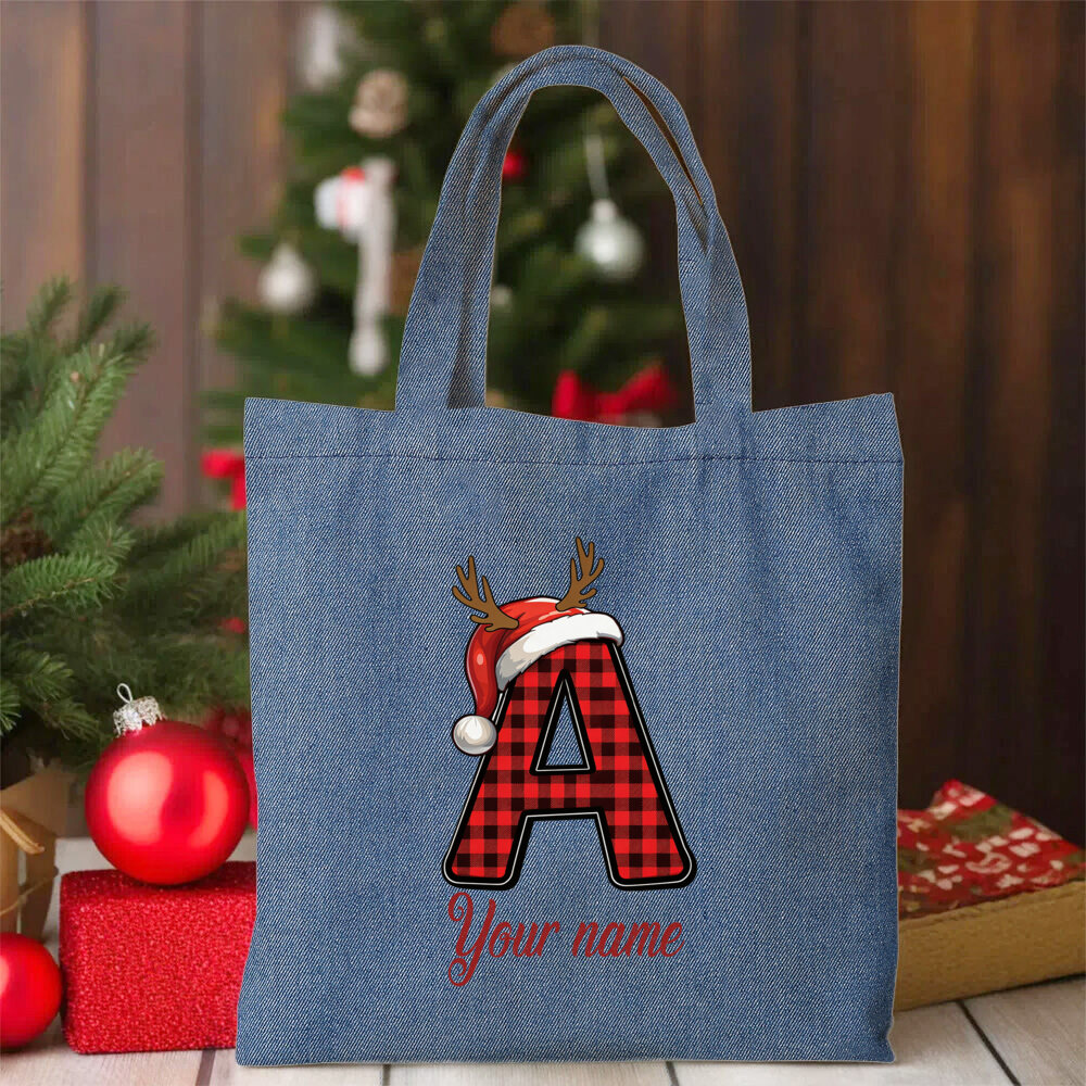 Monogram A Christmas Tote Bag, Red Plaid Initial with Santa Hat and Reindeer Antlers, Personalized Name Script, Blue Twill Carryall