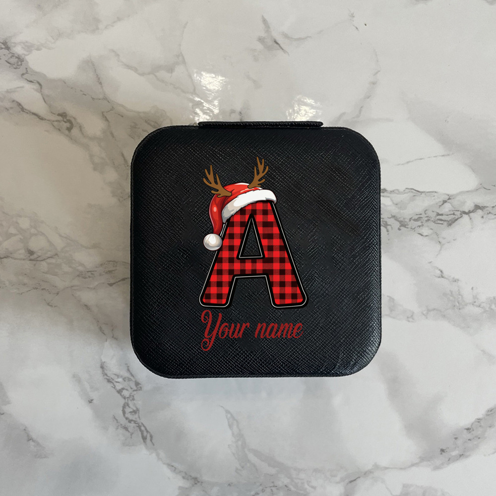 Buffalo Plaid Letter A Monogram Christmas Phone Case, Santa Hat Antlers Design, Custom Name Script, Holiday Phone Cover for Her