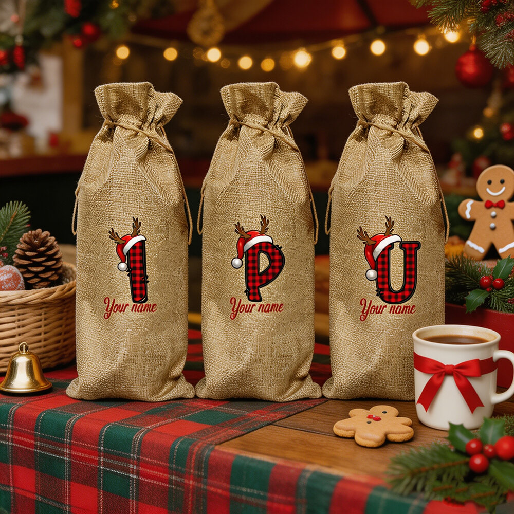 Buffalo Plaid Monogram Wine Bottle Tote Bag, Personalized Initial Name Gift Pouch, Christmas Santa Hat Burlap Drawstring Bag for Wine Lovers, Holiday Party Packaging