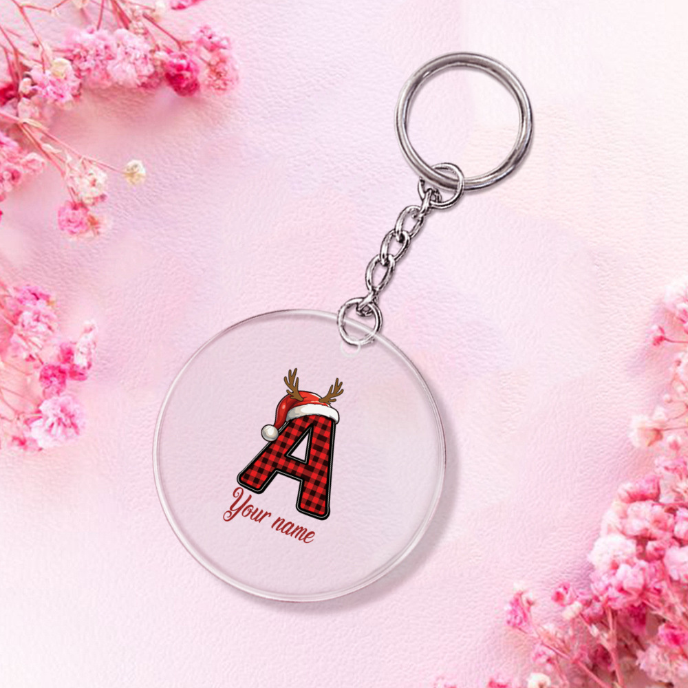 Buffalo Plaid Letter A Keychain with Santa Hat and Reindeer Antlers, Christmas Initial Ornament, Red Black Plaid Holiday Charm