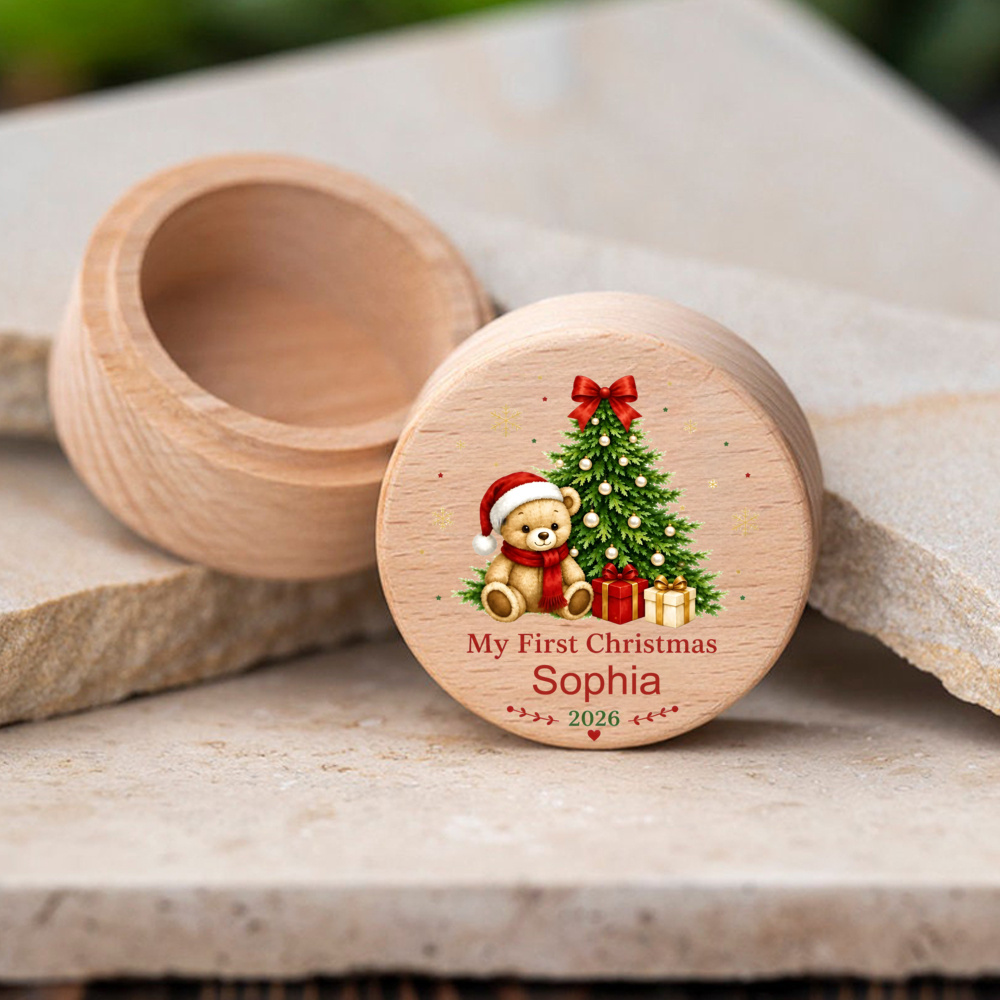My First Christmas 2026 Teddy Bear Keepsake Box, Personalized Baby's First Holiday Wooden Box, Custom Name Sophia Bear and Tree Design, New Baby Christmas Gift