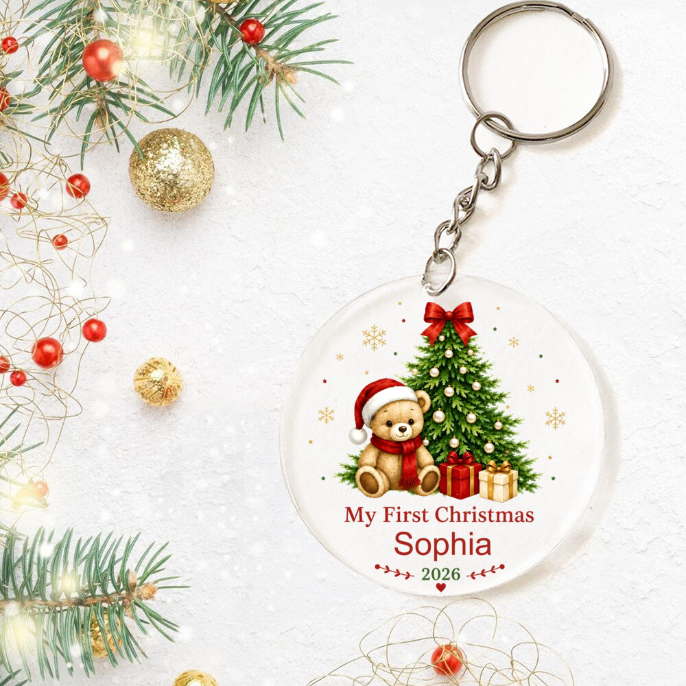Personalized My First Christmas Keychain, Teddy Bear by Tree, Custom Name 2026, Baby's First Holiday Keepsake, Red Santa Hat Bear Charm