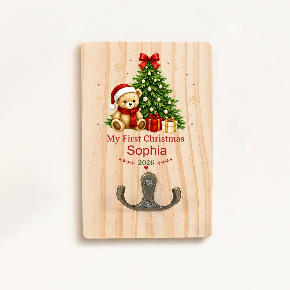 Personalized My First Christmas 2026 Teddy Bear Board, Custom Name Sophia Keepsake, Santa Hat Bear & Christmas Tree Sign, Baby's First Holiday Wooden Ornament