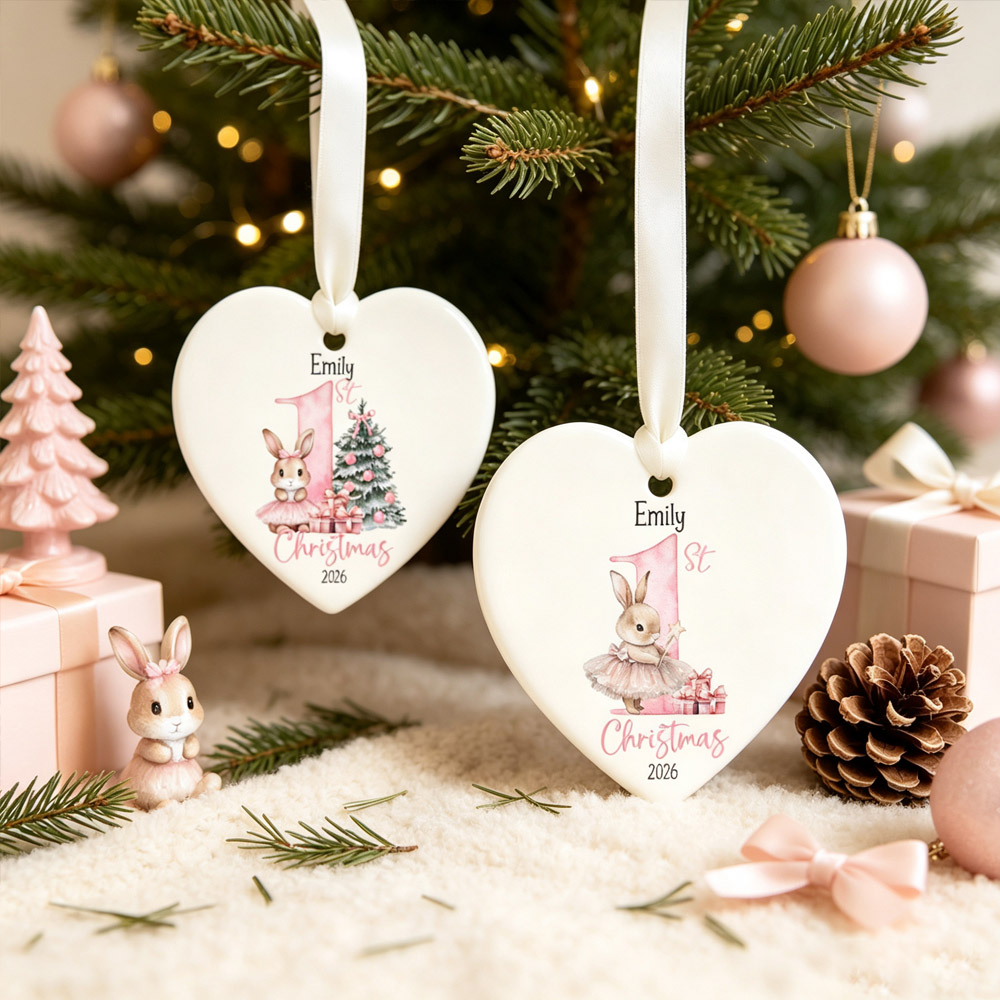Personalized Pink Bunny First Christmas Ornament 2026, Heart Ceramic Name Keepsake, Rabbit in Tutu with Christmas Tree, Custom Baby's 1st Holiday Decoration