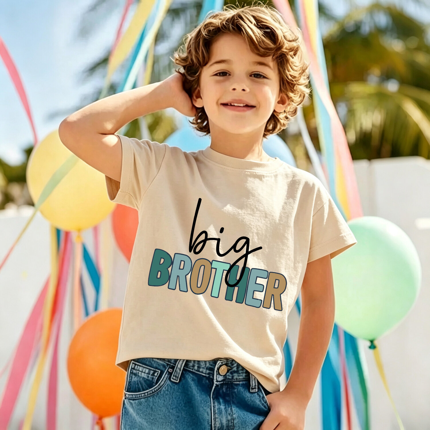 Big Brother Shirt, Light Beige Sibling Announcement Tee, big BROTHER Gradient Block Letters, Big Brother Reveal Gift for Boys