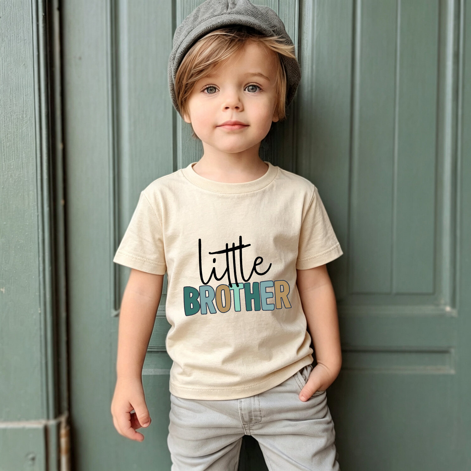 Little Brother Shirt, Cursive Little Bold BROTHER Print, Light Beige Tee for Younger Sibling, Big Brother Announcement Top, Sibling Reveal Gift