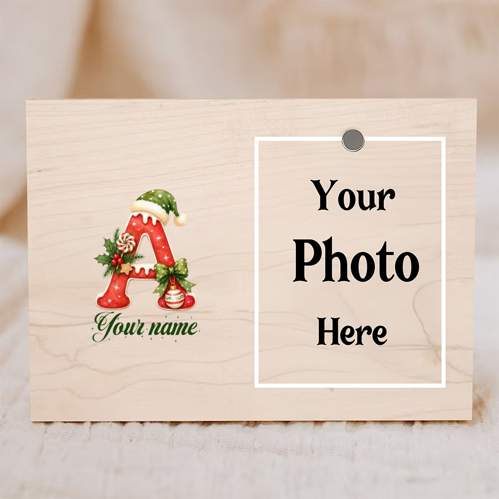 Christmas Monogram A Wooden Plaque, Personalized Santa Hat Holly Candy Ornament Keepsake, Custom Name & Photo Holiday Decor, Festive Letter A Wall Sign