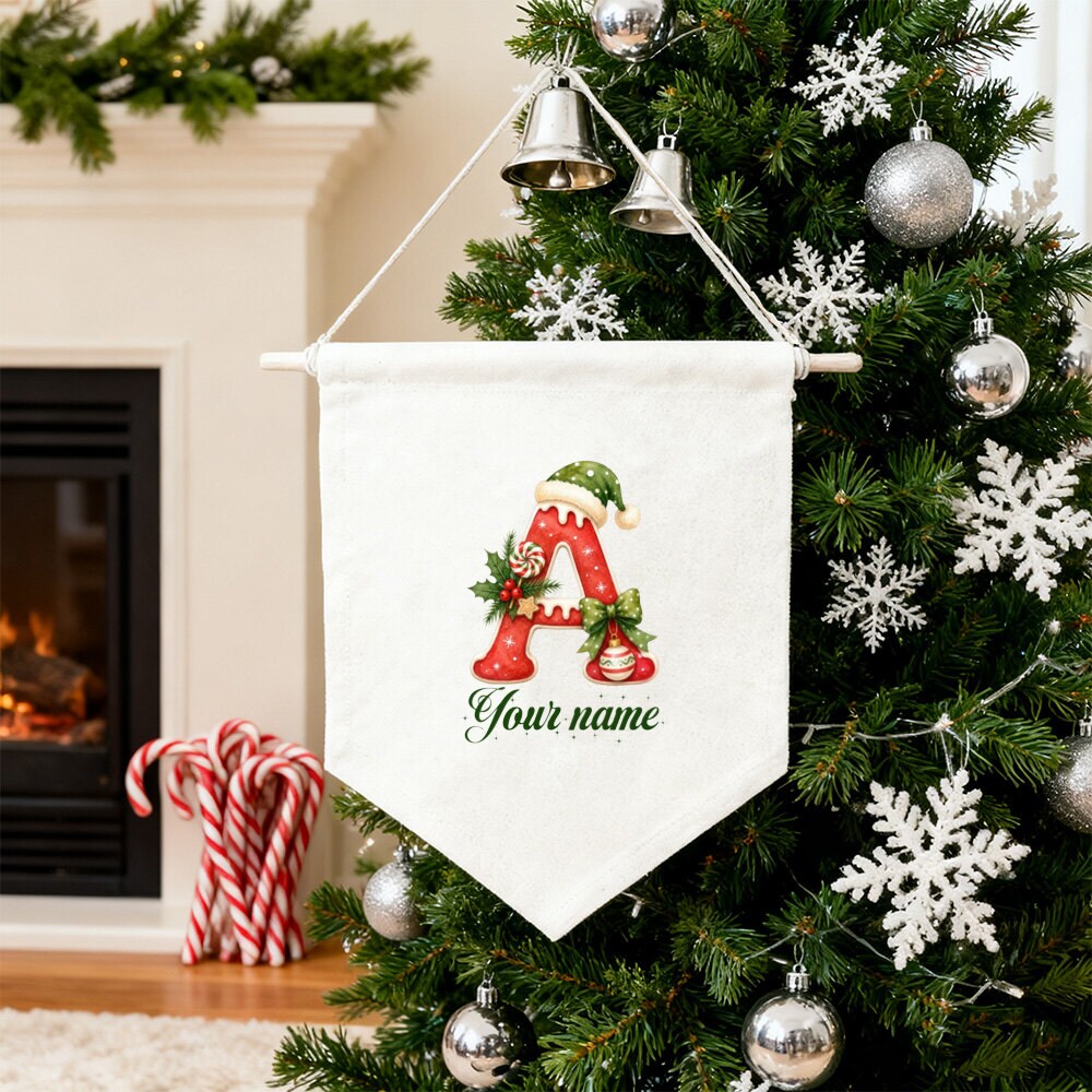 Monogram Letter A Christmas Pennant Flag, Personalized Santa Hat Initial Banner, Custom Name Holiday Decor, Holly Candy Cane Bow Ornament