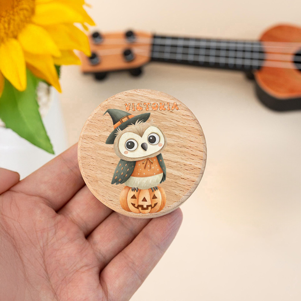 Personalized Witch Owl on Pumpkin Halloween Ornament, Custom Name Wooden Disc, Owl in Witch Hat Keepsake, Kids Halloween Decor, Customizable Fall Gift