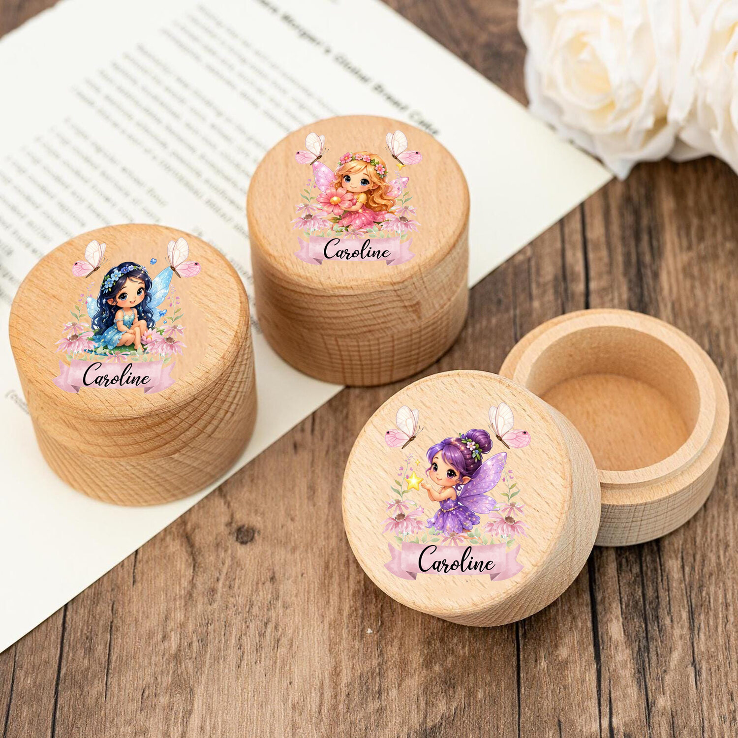 Personalized Fairy Name Keepsake Box, Custom Caroline Fairy Lid Design, Pink Flower Butterfly Round Wooden Box, Gift for Girls