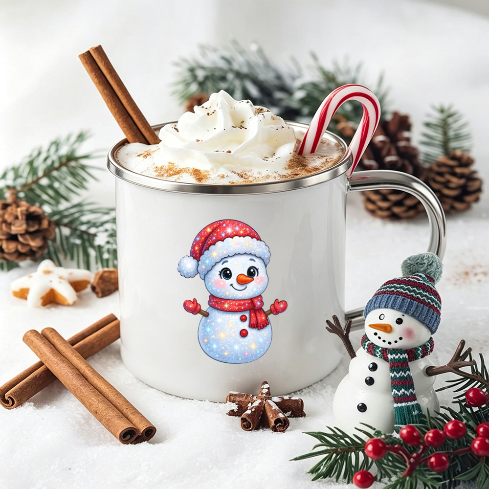 Snowman with Santa Hat Mug, Light Blue Snowman with Red Scarf and Mittens, Winter Holiday Cocoa Mug, Christmas Snowman Drink Cup, Seasonal Hot Chocolate Mug