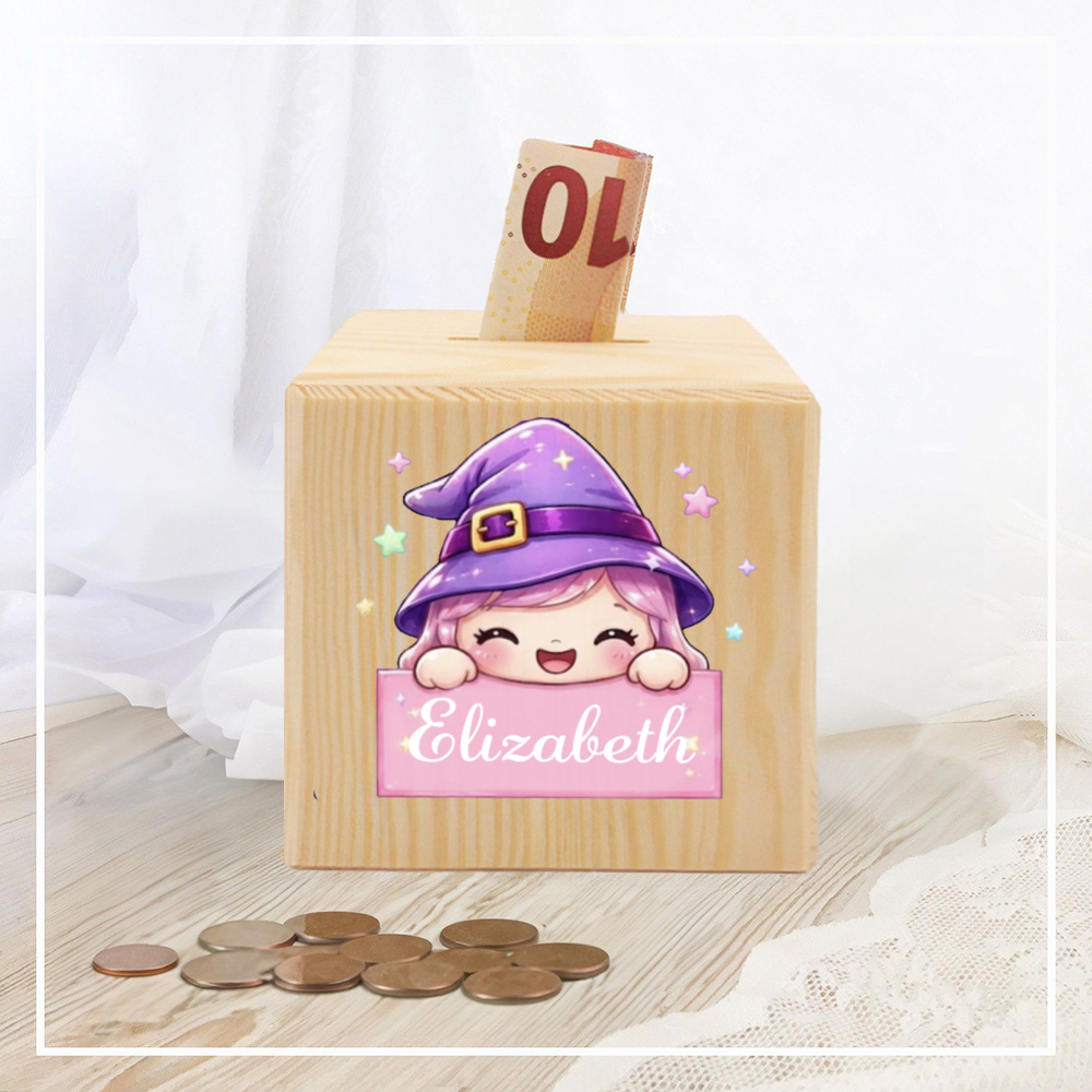 Personalized Witch Girl Piggy Bank, Custom Name Coin Box, Pink Hair Witch Hat Money Saving Box, Kids Birthday Gift, Light Wood Keepsake