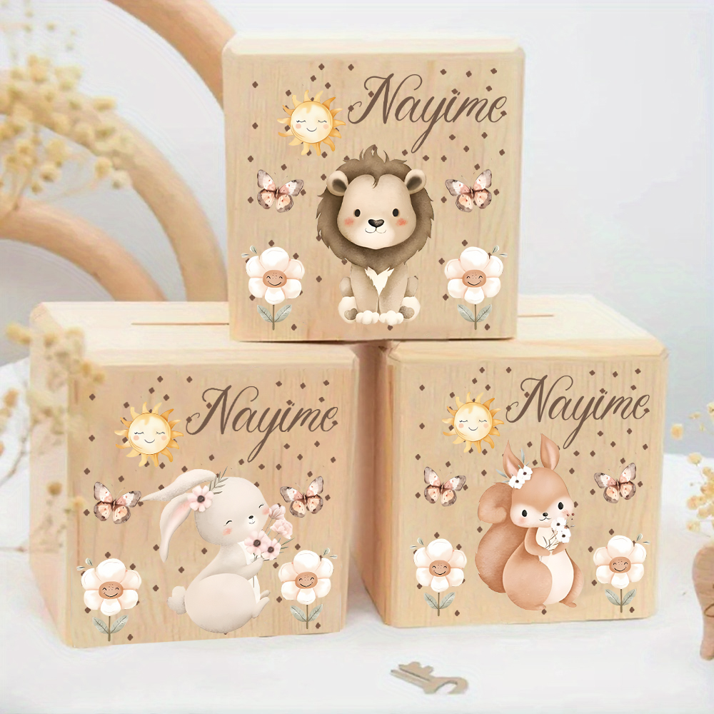 Personalized Wooden Coin Bank Boxes, Lion Cub Rabbit Squirrel, Custom Name Piggy Bank, Smiling Sun Flowers Butterflies, Kids Birthday Gift