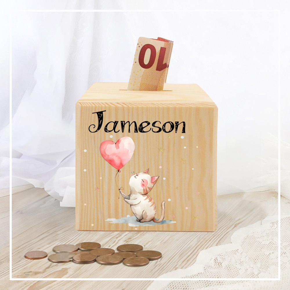 Personalized Cat & Heart Balloon Coin Bank, Custom Name Piggy Bank, Wooden Money Box Gift for Kids, Birthday Savings Bank