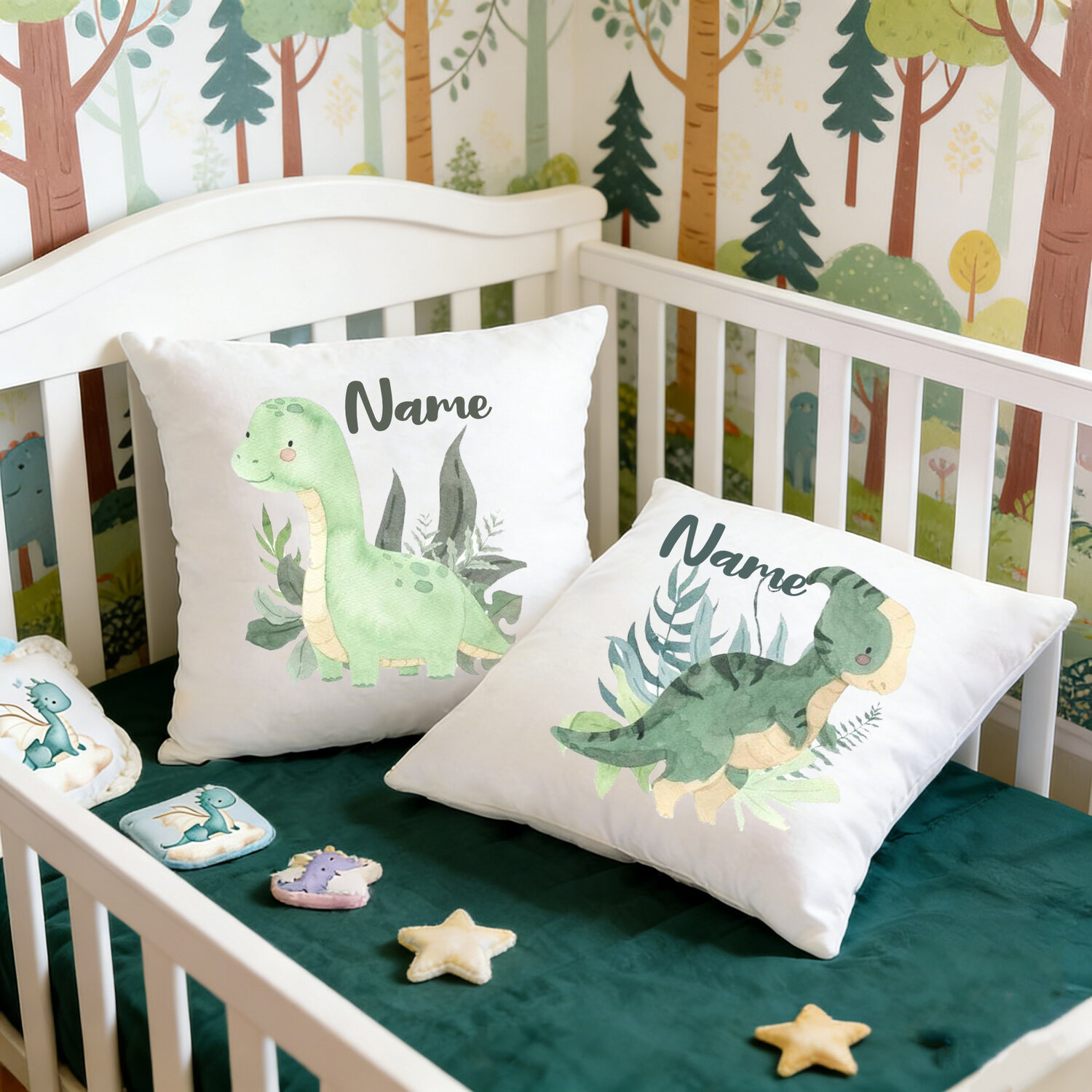 Personalized Dinosaur Name Pillow, Custom Kids Crib Pillow with Green Dino, Name Pillow for Baby Nursery, Customizable Toddler Gift