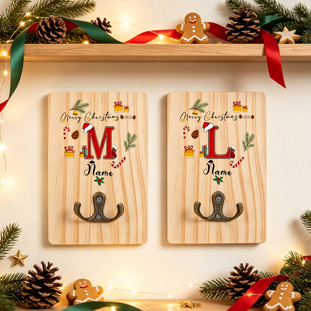 Merry Christmas 2026 Initial Wood Wall Hook, Personalized Name Key & Coat Hanger, Santa Hat Letter with Candy Cane & Holly, Custom Holiday Entryway Decor, Christmas or Housewarming Gift