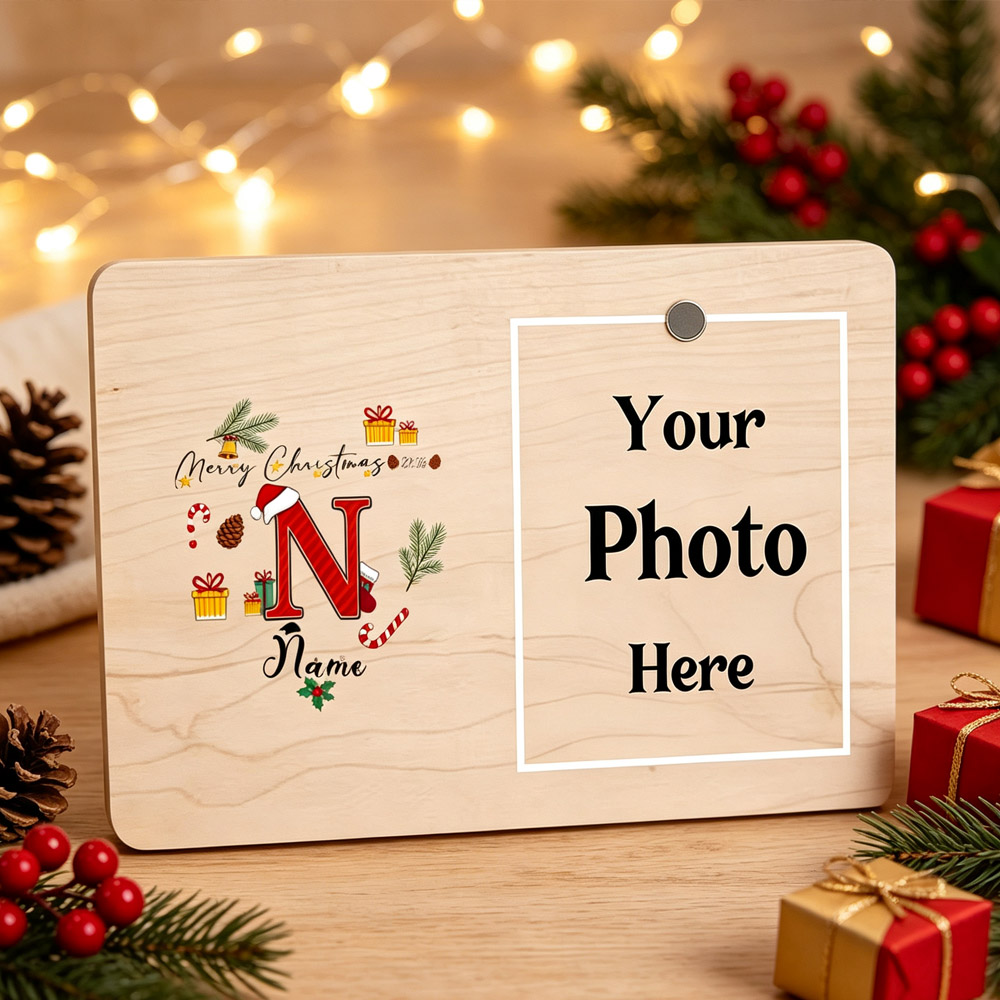 Personalized Christmas Initial Letter Photo Frame, Custom Wooden Santa Hat Monogram Keepsake, Merry Christmas Name and Photo Board, Holiday Desk Decor Gift