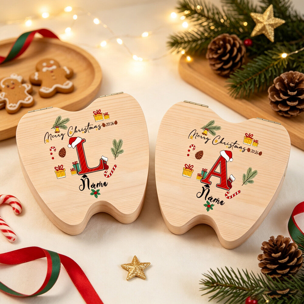 Personalized Christmas Tooth Keepsake Box, Custom Initial & Name Wooden Baby Tooth Holder, Merry Christmas 2026 Santa Hat Letter, Holiday Gift for New Parents