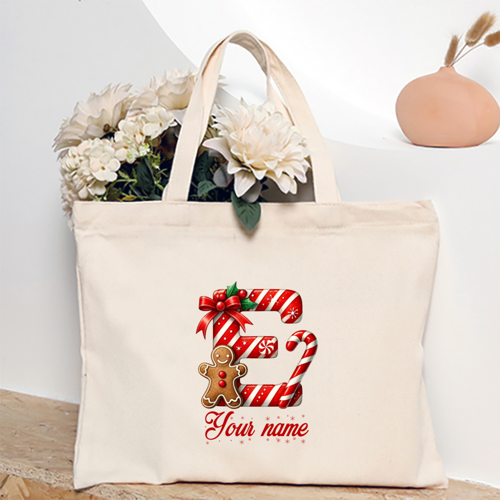 Personalized Christmas Candy Cane Letter E Tote Bag, Custom Name Initial E Tote, Gingerbread Man and Holly Xmas Design, Monogram Holiday Shopping Bag, Cream Canvas Carryall for Christmas