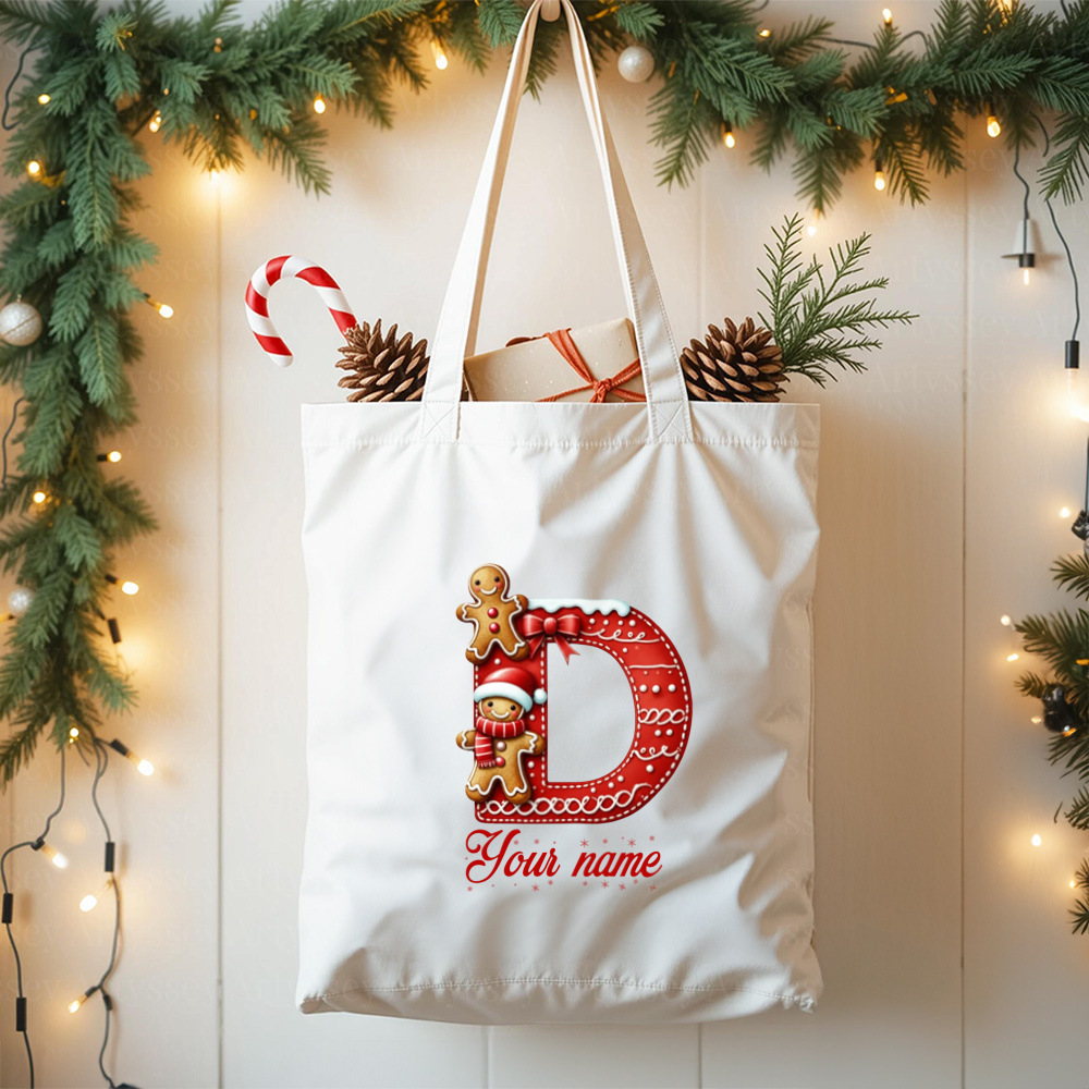 Personalized Christmas Monogram D Tote Bag, Gingerbread Man & Santa Hat Initial Bag, Custom Name Holiday Tote, Christmas Gift Tote