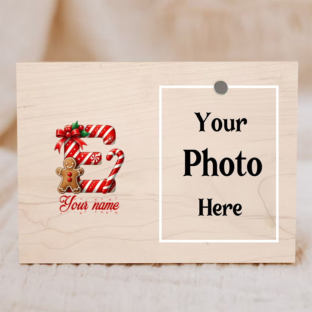 Personalized Christmas Letter E Ornament Board, Custom Name and Photo Keepsake, Gingerbread Man and Holly Design, Holiday Gift Decoration