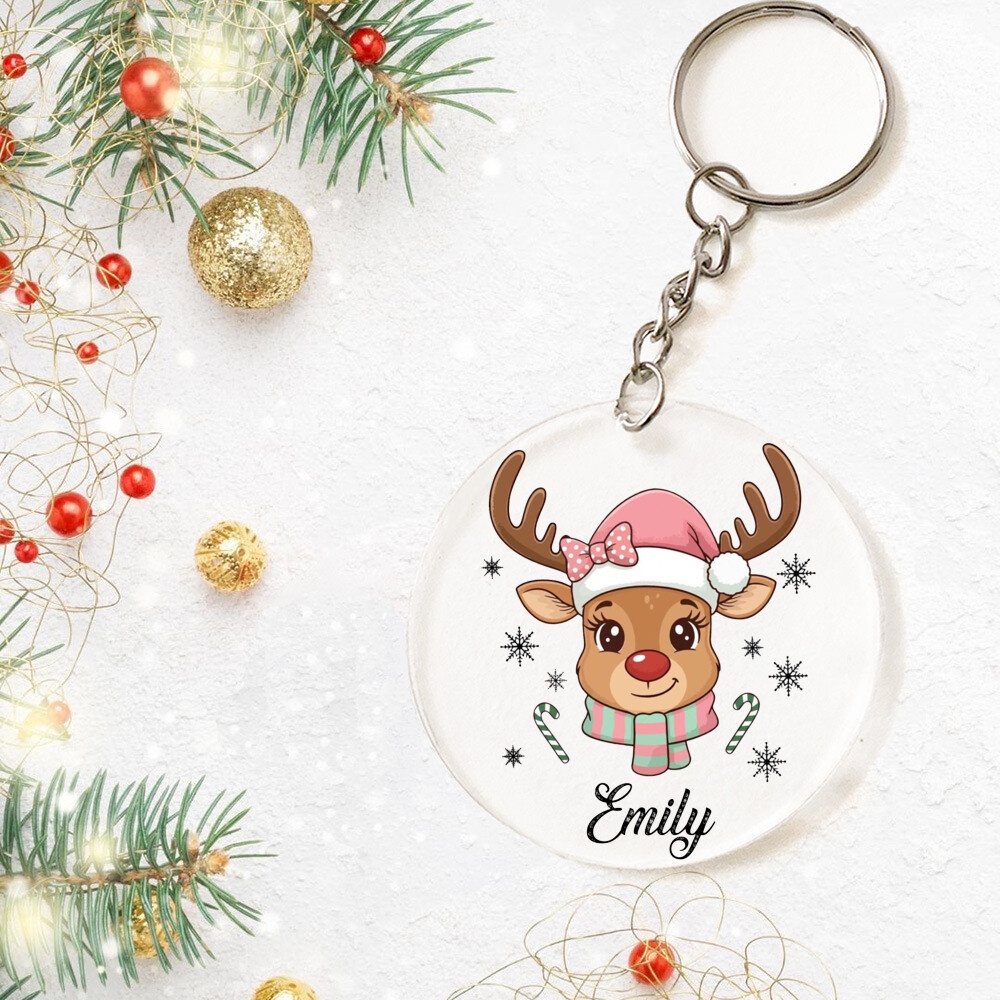 Personalized Reindeer Keychain with Pink Santa Hat and Candy Canes, Custom Name Christmas Bag Charm, Pink Polka Dot Bow Holiday Stocking Stuffer for Emily