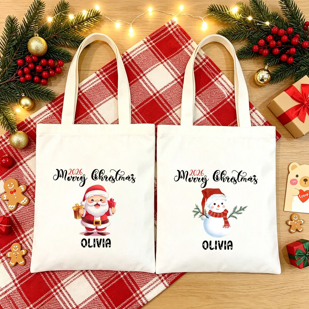 Personalized Christmas Tote Bag with Santa and Snowman Design