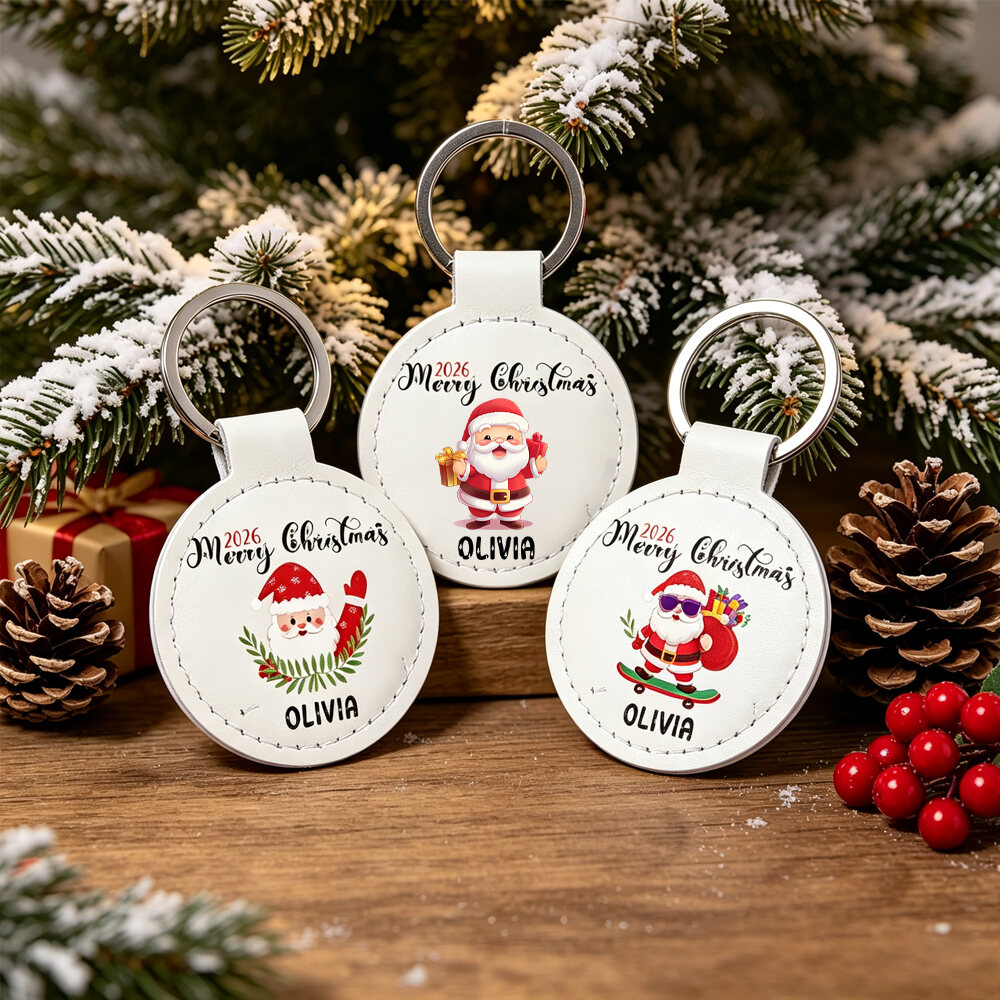 Personalized Christmas Santa PU Leather Keychain with Custom Name