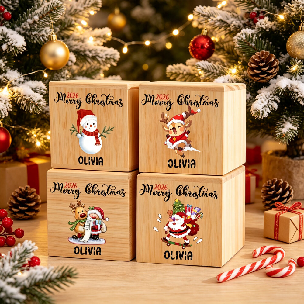 Personalized 2026 Christmas Wooden Block, Custom Name Olivia, Snowman Reindeer Santa Design, Holiday Keepsake Gift, Christmas Money Box