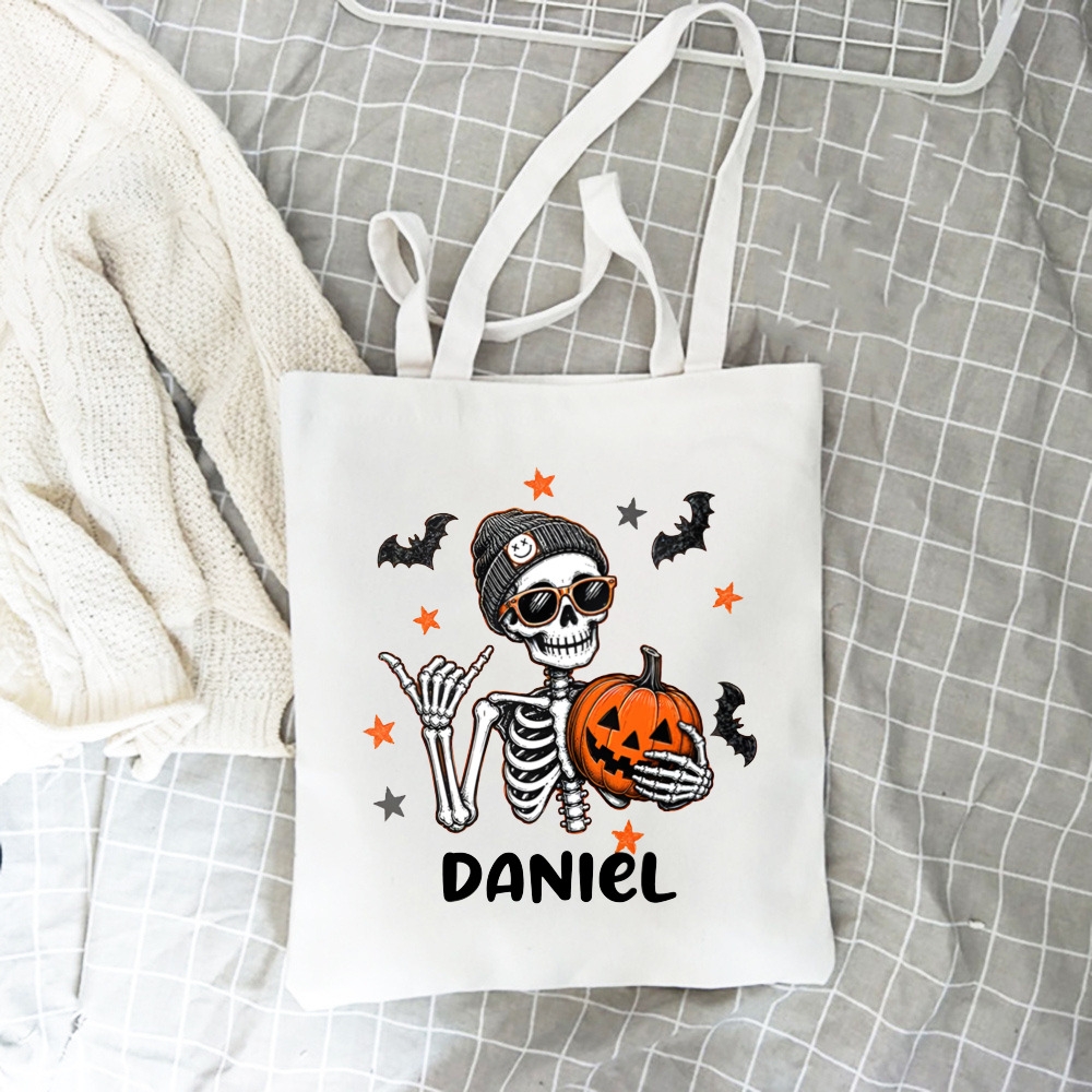 Personalized Skeleton Halloween Tote Bag, Custom Name Trick or Treat Candy Bag, Skeleton with Pumpkin and Bats, Customizable Kids Halloween Tote