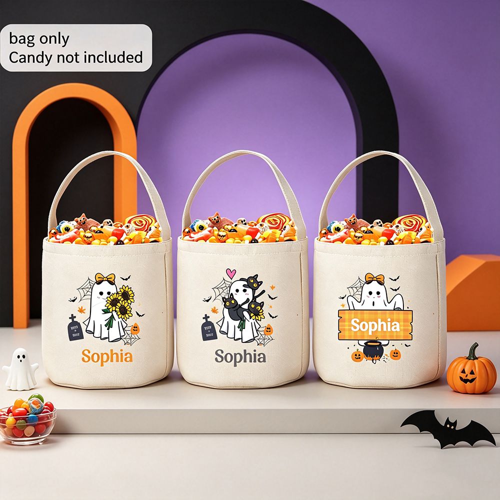 Personalized Halloween Candy Pouch, Ghost and Pumpkin Bucket Bag, Custom Name Trick or Treat Tote, Sunflower Ghost, Black Cat, Cauldron Design