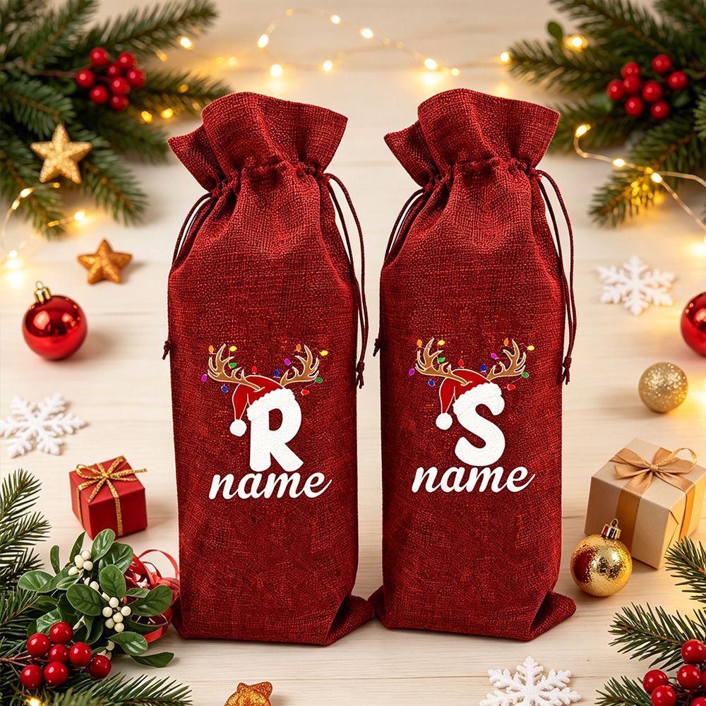 Personalized Initial Name Christmas Wine Bag Reindeer Santa Hat Print Red  Drawstring Wine Bottle Gift Pouch Custom Xmas Wine Holder Holiday Party Gift Decor