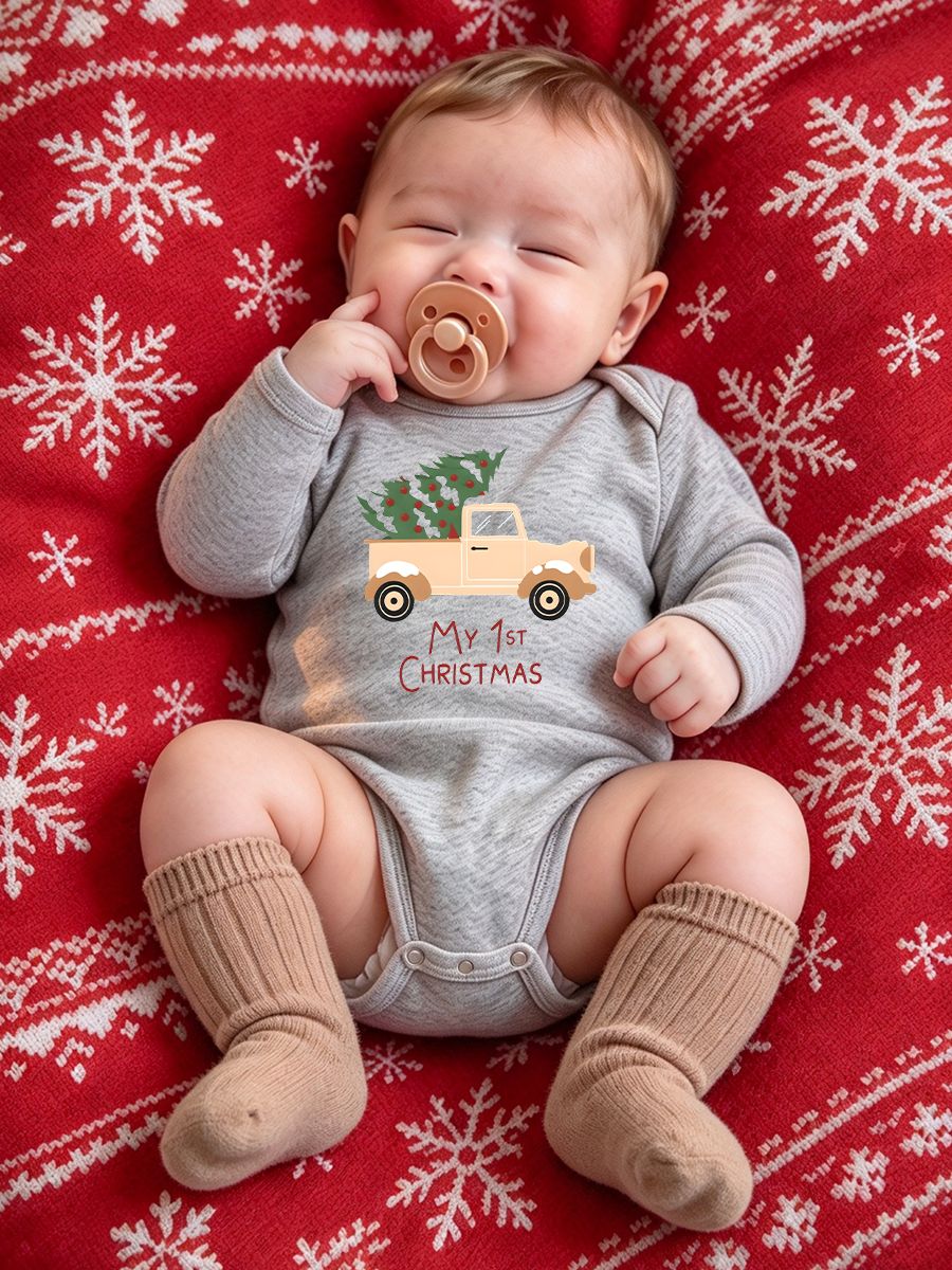 My 1st Christmas Baby Bodysuit, Light Tan Pickup Truck with Green Christmas Tree, Grey Long-Sleeved First Christmas Outfit for Baby