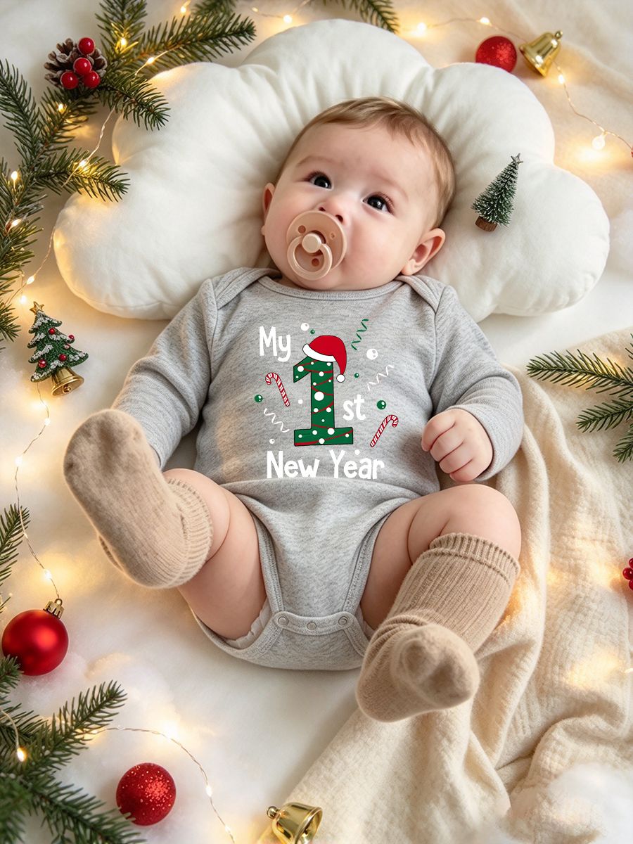 My 1st New Year Baby Bodysuit, Candy Cane Santa Hat First New Year Outfit, Long Sleeve Holiday Bodysuit for Baby, Festive Winter One Piece
