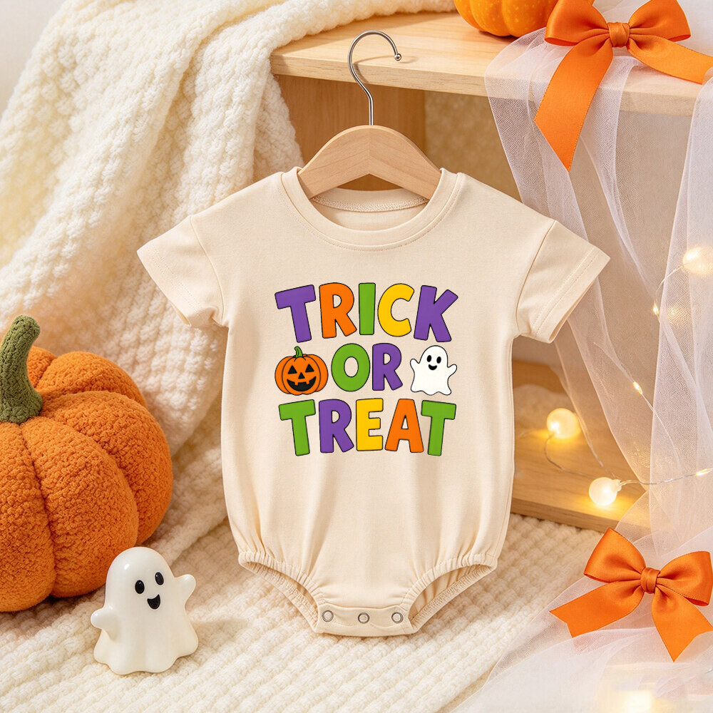 Trick or Treat Halloween Bodysuit, Pumpkin Ghost Print Baby Outfit, Light Cream Short Sleeve Bodysuit for Halloween