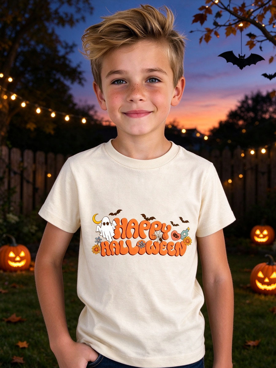 Happy Halloween Ghost Bat Pumpkin Graphic Shirt, Orange Bubble Letter Halloween Tee, Crescent Moon Spiderweb Design