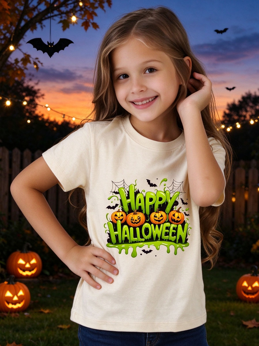 Dripping Happy Halloween Graphic Tee, Orange Jack-o'-Lanterns and Bats Print, Light Beige Spooky Season Shirt, Halloween Party Top