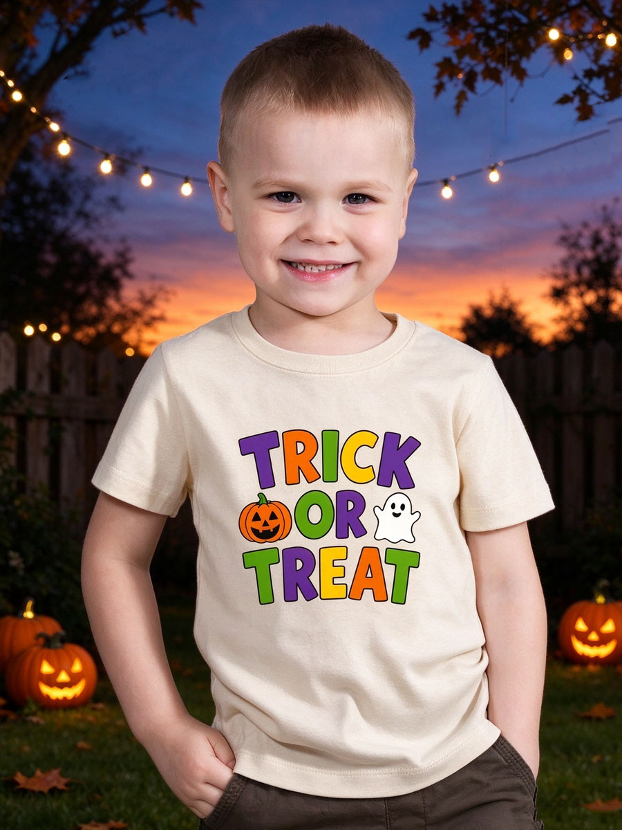 Trick or Treat Halloween Shirt, Colorful Pumpkin Face & Ghost Design, Purple Orange Yellow Green Lettering, Kids Halloween Tee, Spooky Season Outfit