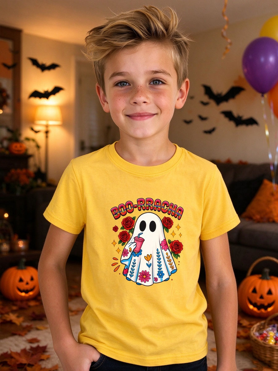 Boo-Rracha Ghost Halloween T-Shirt, Drinking Ghost with Roses and Flowers, Funny Spooky Season Tee, Yellow Halloween Graphic Shirt