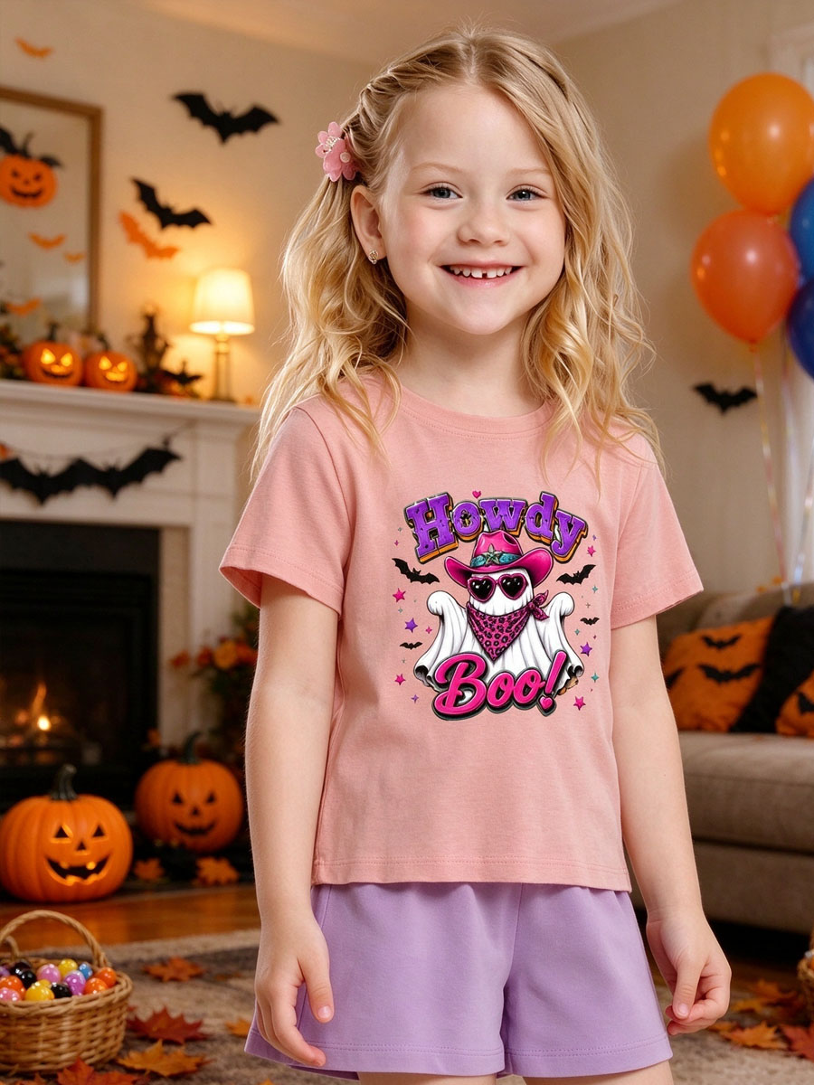 Howdy Boo Cowboy Ghost Shirt, Light Pink Western Halloween Tee, Ghost with Cowboy Hat and Sunglasses, Cute Spooky Season Top