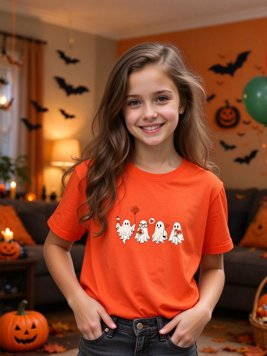 Halloween Ghosts with Heart Balloons Graphic, Cute Spooky Season Tee, Orange Short Sleeve Halloween Shirt for Ghost Lovers