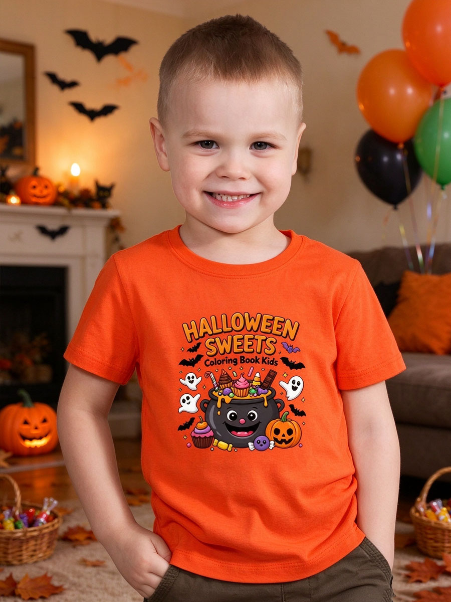 Halloween Sweets Coloring Book Kids T-Shirt, Cauldron Candy Graphic Tee, Ghosts Bats Jack-o'-Lantern Design, Trick or Treat Shirt for Children