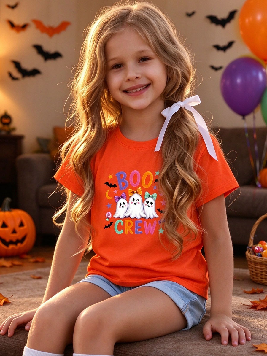 Boo Crew Ghost Shirt, Orange Halloween Ghost Graphic Tee, Multicolored BOO CREW with Bats Moon Stars, Cute Spooky Fall Top for Kids