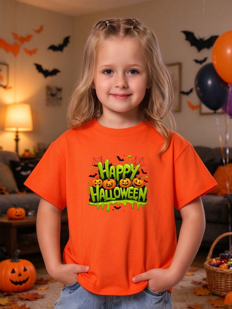 Dripping Happy Halloween Graphic, Orange Jack-o'-Lantern Bats & Spiderwebs Tee, Halloween Shirt for Men and Women