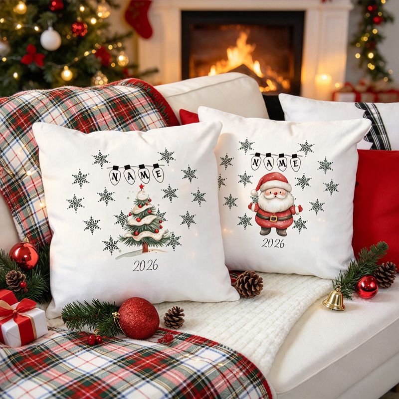 Personalized Christmas Pillow Cover, Christmas Tree and Santa with Snowflakes, Custom Name 2026 Holiday Cushion, Winter Sofa Decor, Christmas Gift